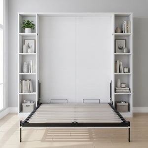 Queen Wall Bed in White Gloss – Space Saving Murphy Bed Kit with Black Door Handle