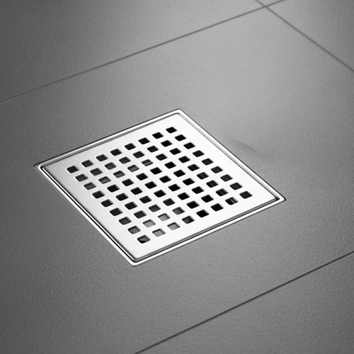 10 x 10cm Square Shower Drain with Grid Pattern Grate – Chrome Stainless Steel