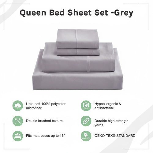 Queen Bed Sheet Set – 1800 Series Microfiber, Deep Pocket, Soft & Breathable, Grey