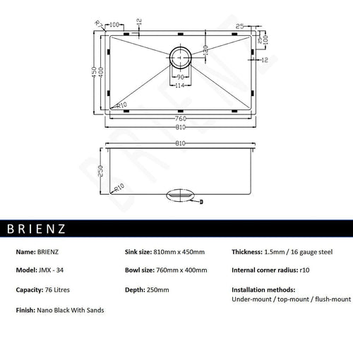 810x450mm Stainless Steel Handmade 1.5mm Sink with Waste in Black with sand finish Finish
