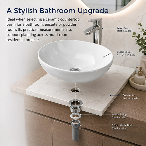 Ceramic Basin – 41cm Oval Above Counter Bathroom Sink