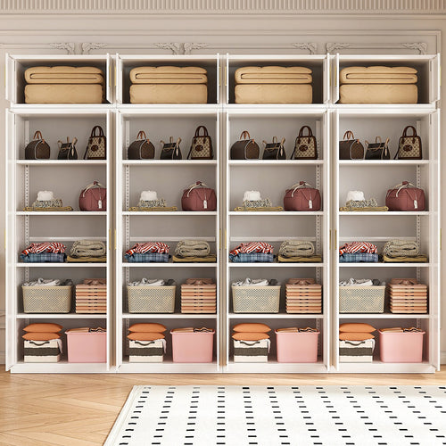 320x240cm 8-Door White Steel Shelf Wardrobe with Gold Handle Storage Cabinet