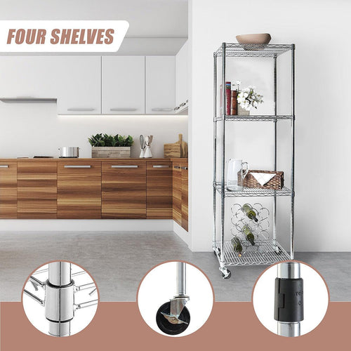 Modular Wire Storage Shelf 600 x 600 x 1800mm Steel Shelving - Carbon Chrome Plated with Wheels