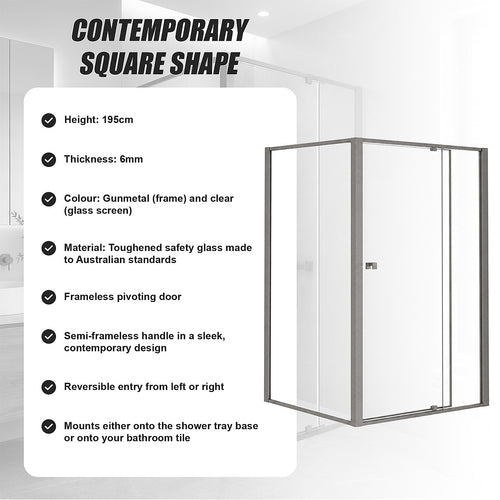 Semi-Frameless Shower Screen – Gunmetal, Front: (114~122)x195cm, Side: (98~101)x195cm