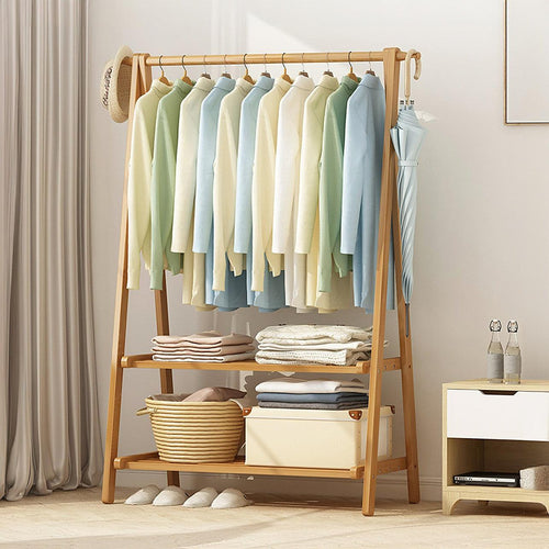 Portable Clothes Rack Coat Garment Stand Bamboo Rail Hanger Airer Closet - Wood