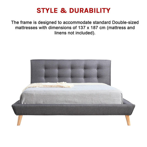 Double Linen Fabric Bed with Button Tufted Headboard - Grey