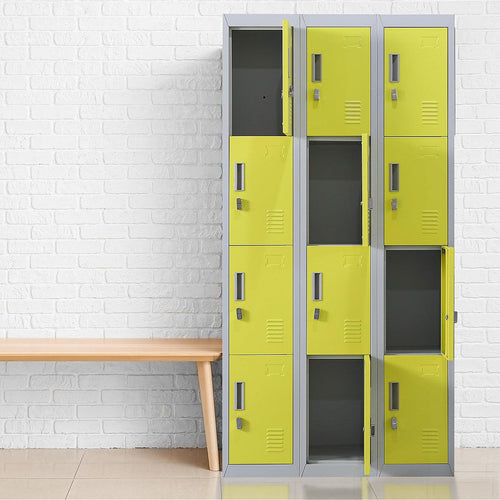Grey with Yellow Door 12-Door Locker for Office Gym Shed School Home Storage - Padlock-operated