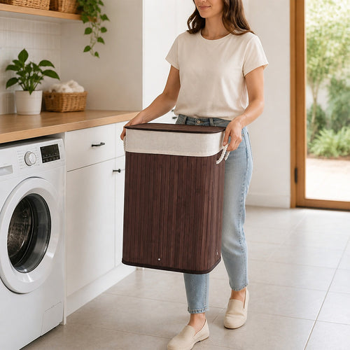 72L Wood Bamboo Laundry Hamper with Lid & Removable Liner Bag