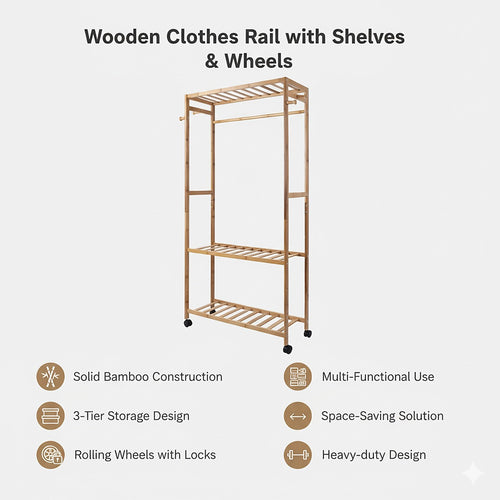 Heavy Duty Wooden Clothes Rail with Shelves & Wheels – Open Wardrobe Rack Stand
