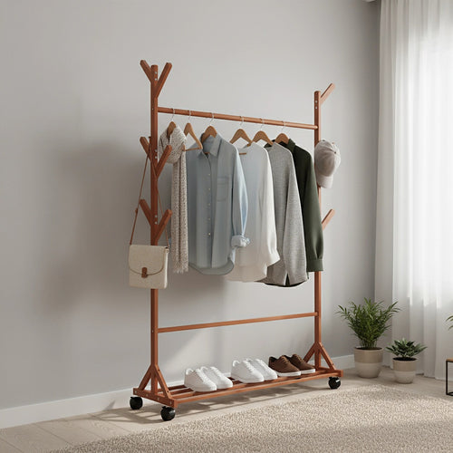Portable Clothes Rack Coat & Garment Stand – Bamboo Rail Hanger Closet Airer in Dark Wood
