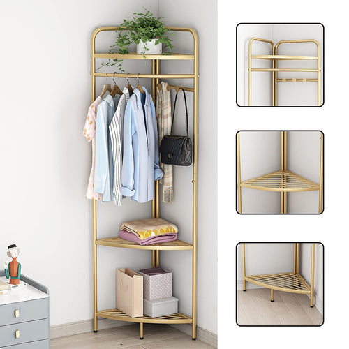 Corner Gold Clothing Rack – Stylish Metal Clothes Storage Stand for Bedroom & Wardrobe Organisation