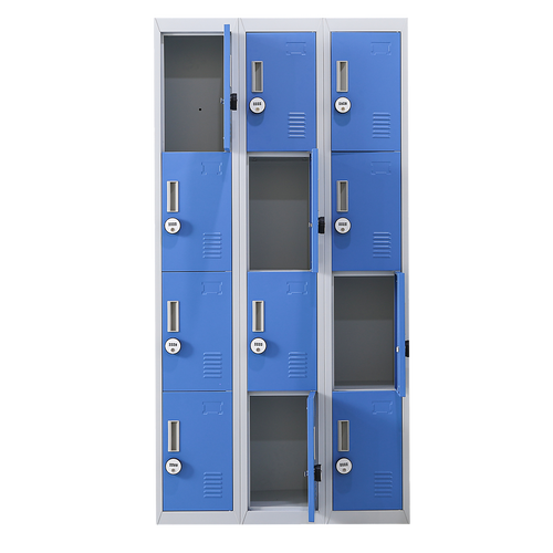 12-Door Locker – Grey with Blue Door with 4-Digit Combination Lock | Secure Storage for Office, Gym or School Use