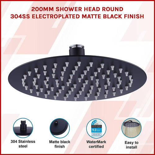 200mm Shower Head Round 304SS Electroplated Matte Black Finish