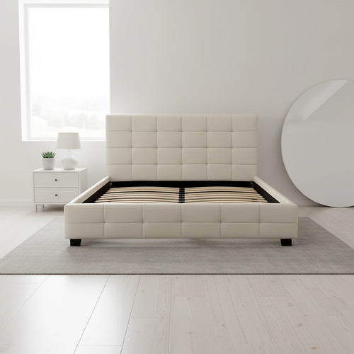 Double Deluxe White PU Leather Upholstered Bed Frame with Headboard & Slats