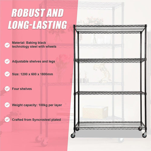 Modular Wire Storage Shelf 1200 x 600 x 1800mm Steel Shelving - Baking Black Technology with Wheels