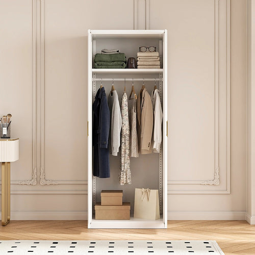 80x200cm 2-Door White Steel Hanging Wardrobe with Gold Handle Storage Cabinet