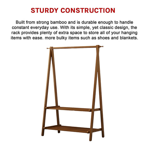Portable Clothes Rack & Coat Garment Stand – Bamboo Rail Hanger Closet Airer in Dark Wood