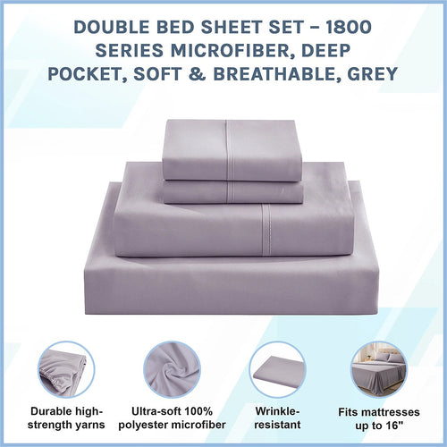 Double Bed Sheet Set – 1800 Series Microfiber, Deep Pocket, Soft & Breathable, Grey