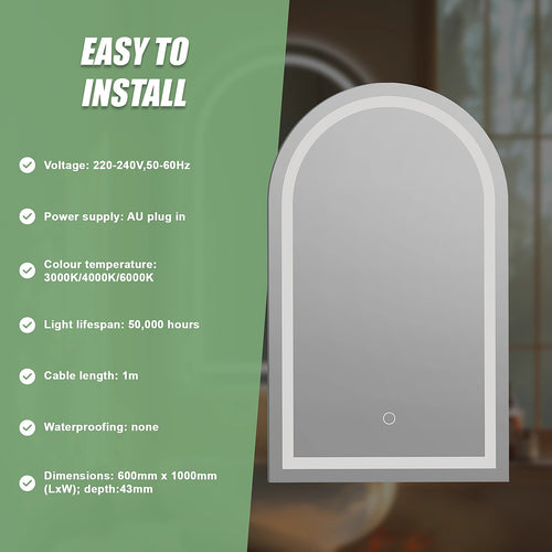 Arched LED Wall Mirror Bathroom Mirrors Makeup Anti-fog 600mm x 1000mm