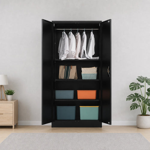 Double-Door Metal Cabinet with 4 Shelves – Office, Garage, or Home Storage in Black without Legs