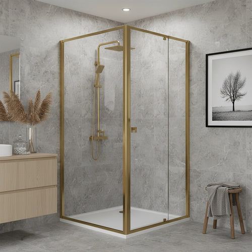 Adjustable Semi Frameless Shower Screen Front: (98~106)x195cm with Gold Hardware and Side: (98~101)x195cm