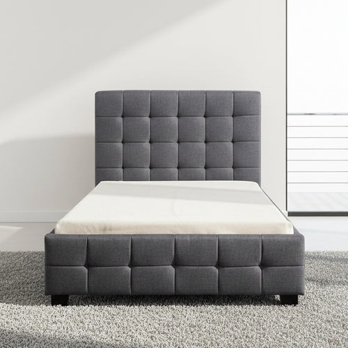 King Single Deluxe Grey Linen Fabric Upholstered Bed Frame with Headboard & Slats