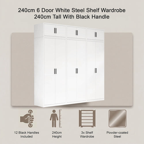 240x240cm 6-Door White Steel Shelf Wardrobe with Black Handle Storage Cabinet