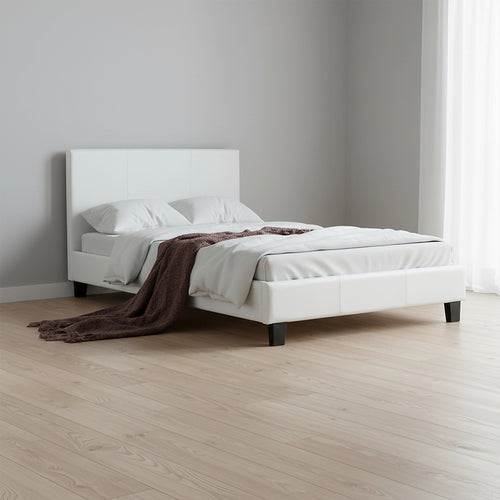 King Single Size Bed Frame with Headboard – White PU Leather