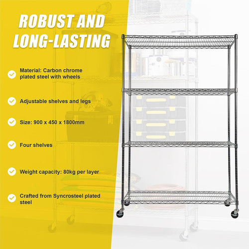 Modular Wire Storage Shelf 900 x 450 x 1800mm Steel Shelving - Carbon Chrome Plated with Wheels