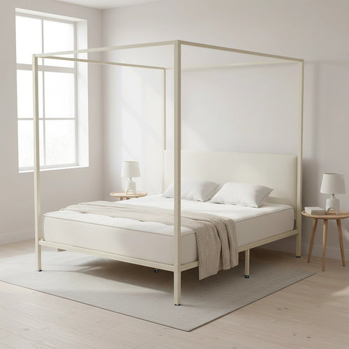 4-Poster Double Bed Frame – Sturdy Cream Modern Canopy Bed for Bedroom