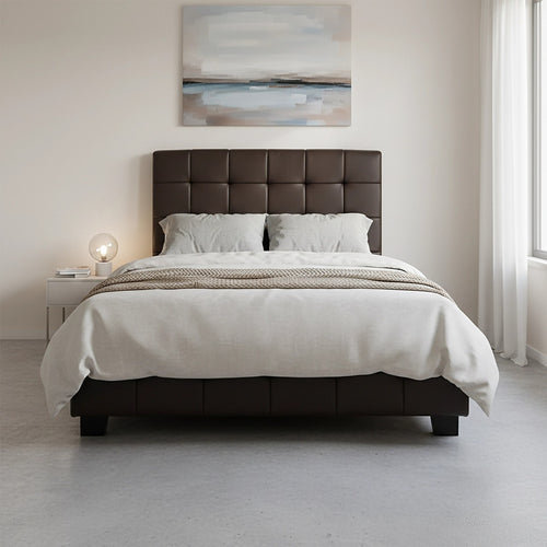 King Single Deluxe Brown PU Leather Upholstered Bed Frame with Headboard & Slats