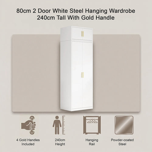 80x240cm 2-Door White Steel Hanging Wardrobe with Gold Handle Storage Cabinet