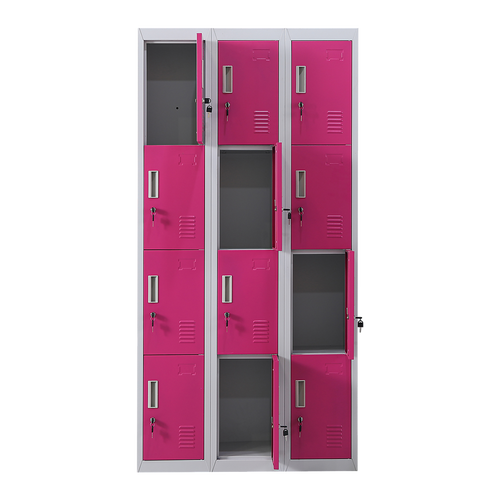 12-Door Locker – Grey with Pink Door with Standard Lock with 2 Keys | Secure Storage for Office, Gym or School Use