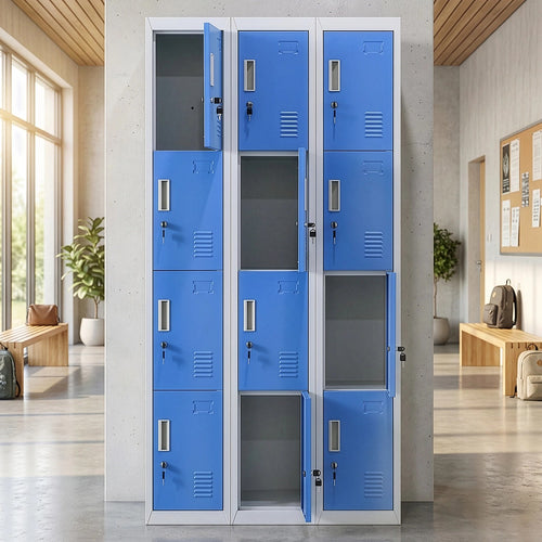 12-Door Locker – Grey with Blue Door with Standard Lock with 2 Keys | Secure Storage for Office, Gym or School Use