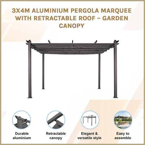 3x4M Aluminium Pergola Marquee with Retractable Roof – Outdoor Garden Patio Canopy Shelter