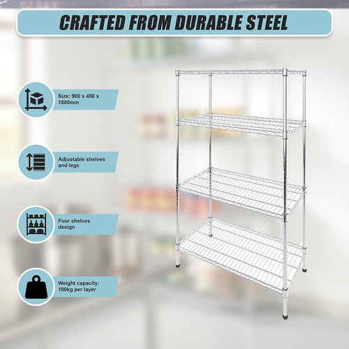 Modular Wire Storage Shelf 900 x 450 x 1800mm Steel Shelving - Carbon Chrome Plated