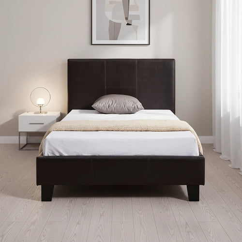 Single Size Bed Frame with Headboard – Brown PU Leather