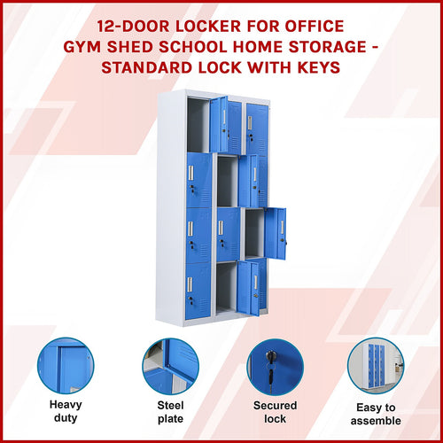 12-Door Locker – Grey with Blue Door with Standard Lock with 2 Keys | Secure Storage for Office, Gym or School Use