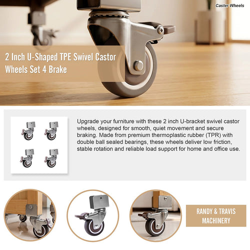 2 Inch U-Shaped TPE Swivel Castor Wheels Set of 4 with Brake