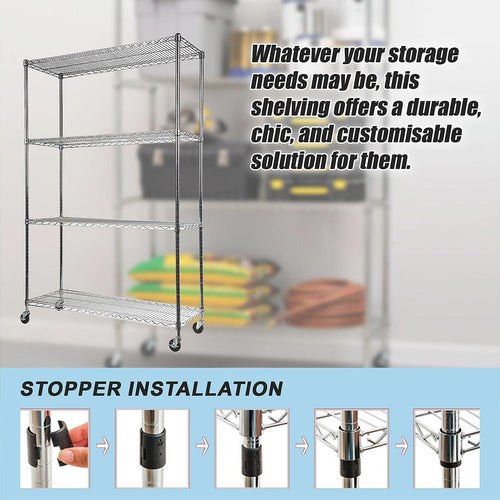 Modular Wire Storage Shelf 1200 x 450 x 1800mm Steel Shelving - Carbon Chrome Plated with Wheels