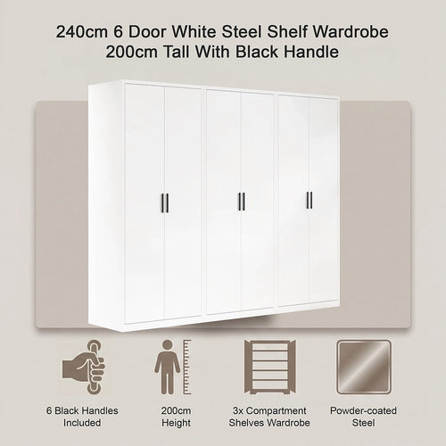 240x200cm 6-Door White Steel Shelf Wardrobe with Black Handle Storage Cabinet