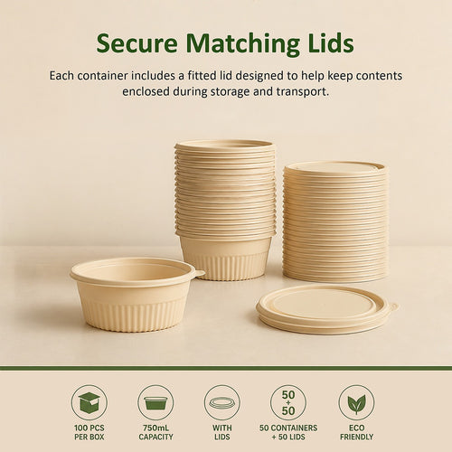 100PCS Corn Starch Food Containers with Lids Round Takeaway Boxes 750mL