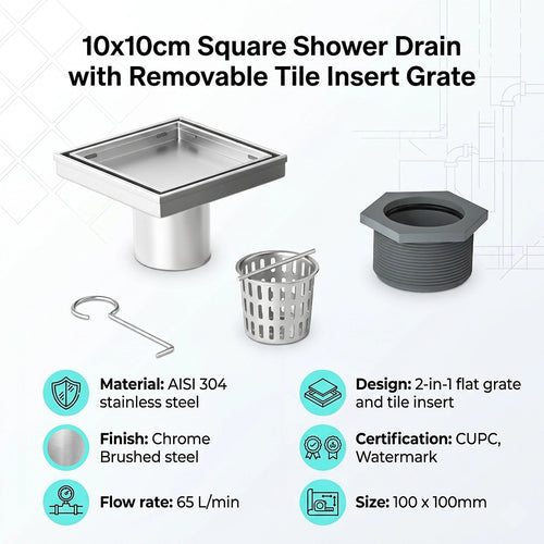 10 x 10cm Square Shower Drain with Tile Insert Grate – Chrome Stainless Steel