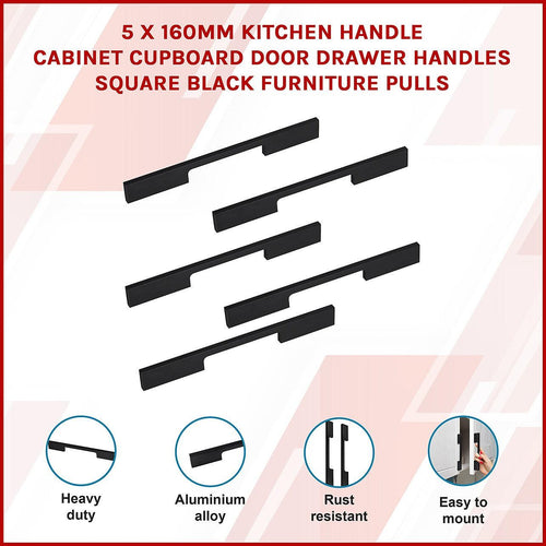 5 x 160mm Kitchen Cabinet Cupboard Door Drawer Handles Square Black Furniture Pulls