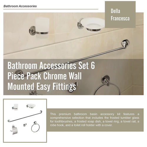 Bathroom Accessories Set 6 Piece Pack Chrome Wall Mounted Easy Fittings