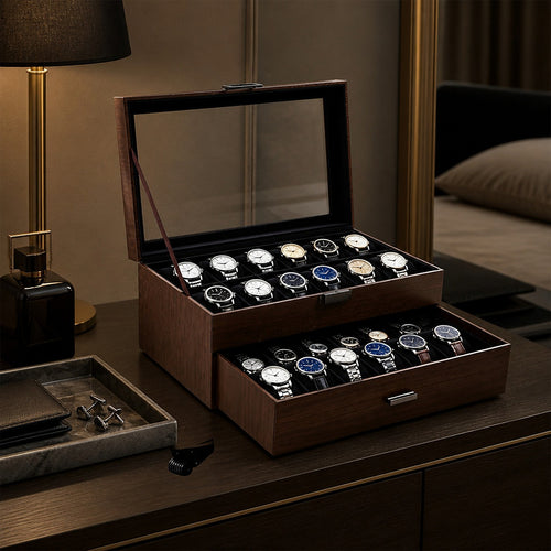 Watch Box 24 Slot Display Case with Drawer & Clear Acrylic Lid