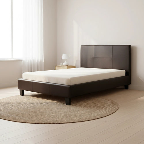 King Single Size Bed Frame with Headboard – Brown PU Leather