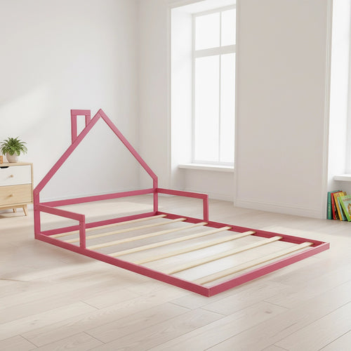 Low Bed for Kids - Pink Pine Wood Double Floor Bed