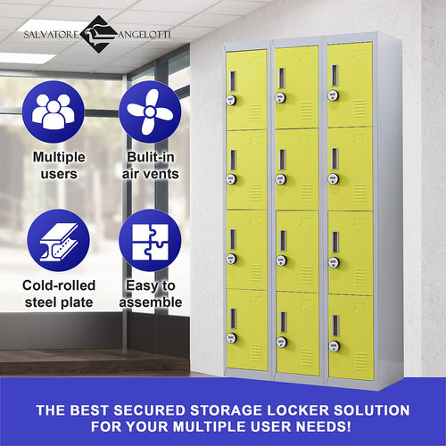 12-Door Locker – Grey with Yellow Door with 4-Digit Combination Lock | Secure Storage for Office, Gym or School Use