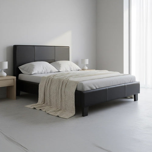 King Single Size Bed Frame with Headboard – Black PU Leather